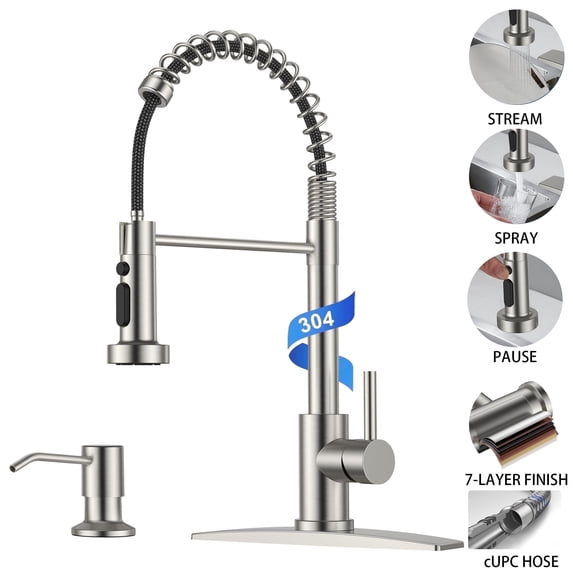 TVOFEK Kitchen Sink Faucet with Pull Down Sprayer and Soap Dispenser, Brushed Nickel RV Kitchen Faucets with Deck Plate for 3 Hole, Stainless Steel Spring Faucets for RV Laundry Bar