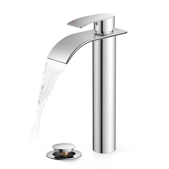 TVOFEK Tall Waterfall Bathroom Vessel Sink Faucet Single Handle, One Hole Chrome Bathroom Faucet with Metal Pop up Drain and cUPC Hoses, 11 inch Faucet for Basin Bath