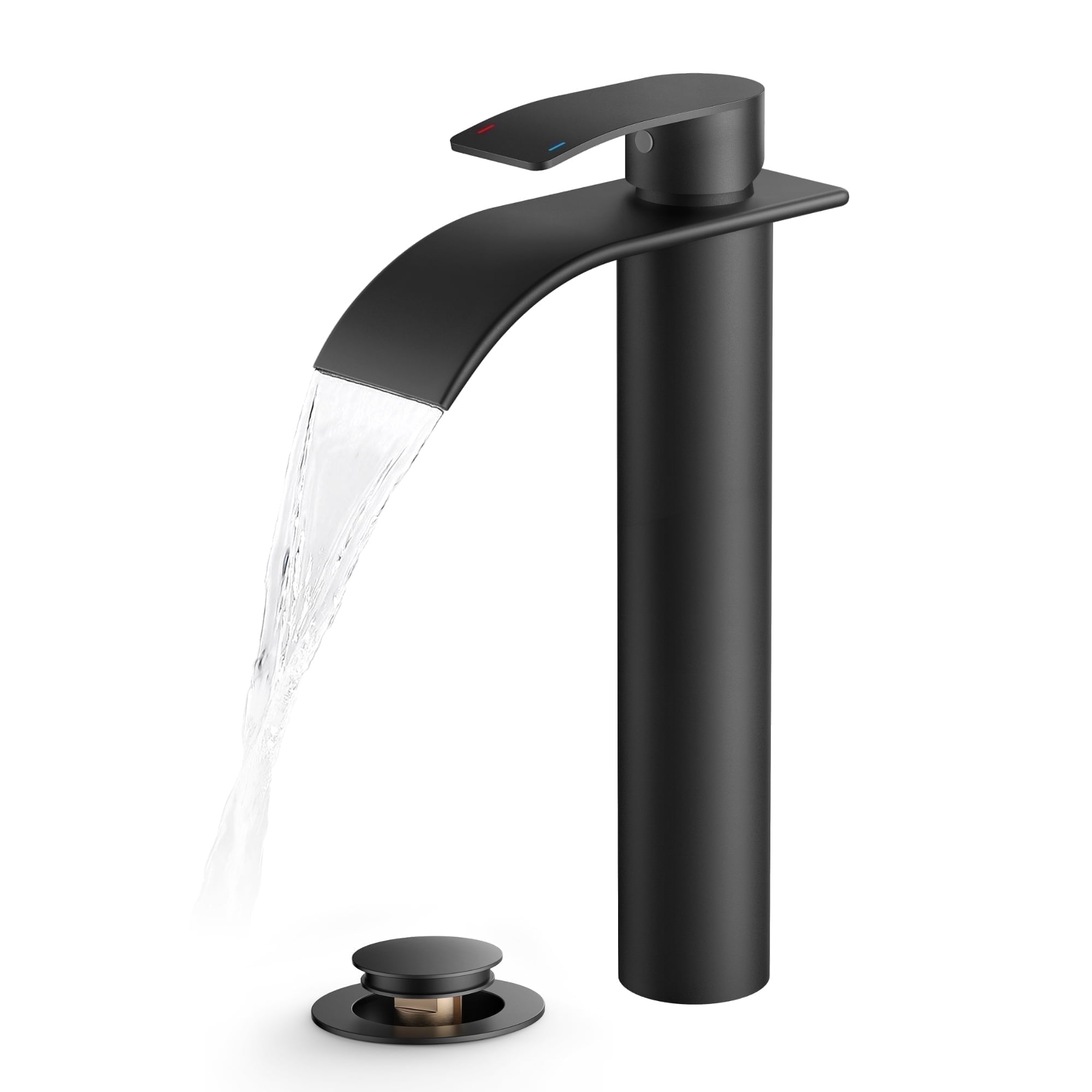 TVOFEK Tall Waterfall Bathroom Vessel Sink Faucet Single Handle, One Hole Matte Black Bathroom Faucet with Metal Pop up Drain and cUPC Hoses, 11 inch Faucet for Basin Bath