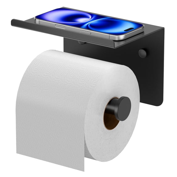 TVOFEK Toilet Paper Holder with Shelf Stainless Steel, Adhesive or Screw Toilet Paper Roll Holder Wall Mounted Fits Mega Rolls, Black