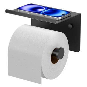 TVOFEK Toilet Paper Holder with Shelf Stainless Steel, Adhesive or Screw Toilet Paper Roll Holder Wall Mounted Fits Mega Rolls, Black