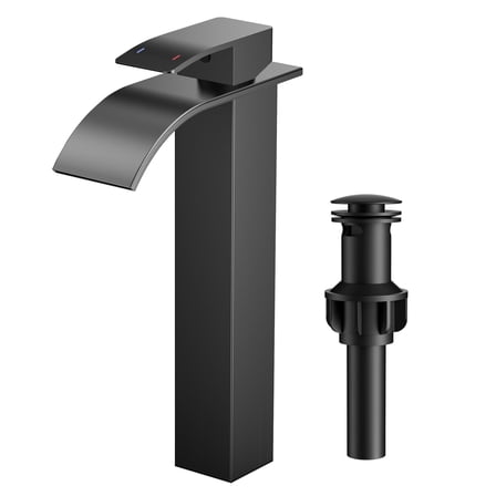 TVOFEK Vessel Sink Faucet Matte Black, Tall Waterfall Bathroom Faucet One Hole with Pop Up Drain and cUPC Hoses for Countertop Sink Basin