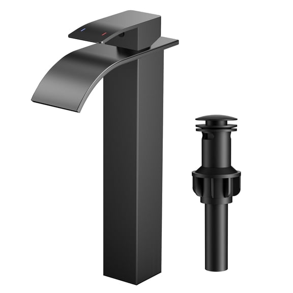 TVOFEK Vessel Sink Faucet Matte Black, Tall Waterfall Bathroom Faucet One Hole with Pop Up Drain and cUPC Hoses for Countertop Sink Basin