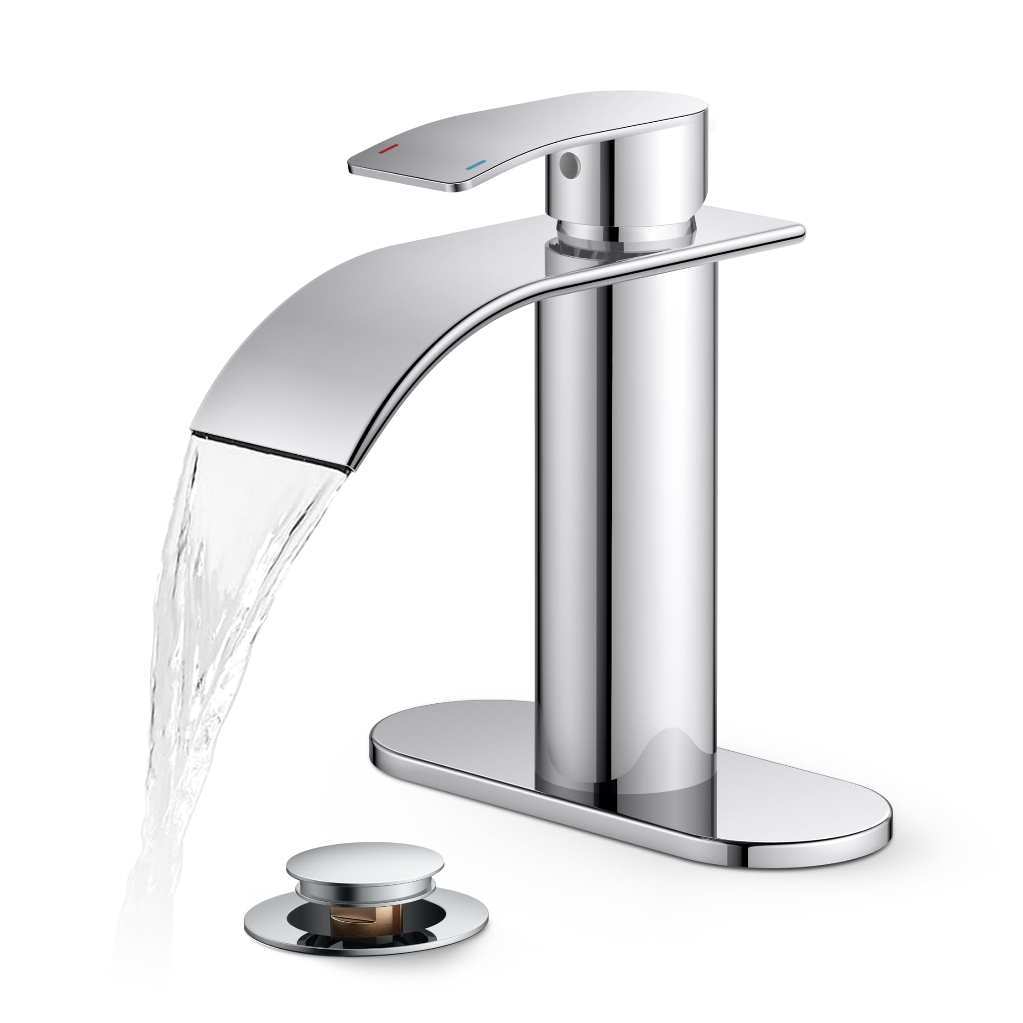 TVOFEK Waterfall Bathroom Faucet 1 or 3 Hole, Chrome Single Handle Bathroom Sink Faucets with Metal Pop up Drain and Deck Plate for Vanity Basin RV Lavatory