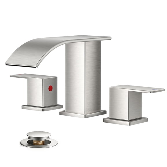 TVOFEK Waterfall Bathroom Faucet 3 Hole, 8 inch Widespread Sink Faucets Brushed Nickel with Metal Pop-up Drain and cUPC Supply Hoses for Vanity Lavatory