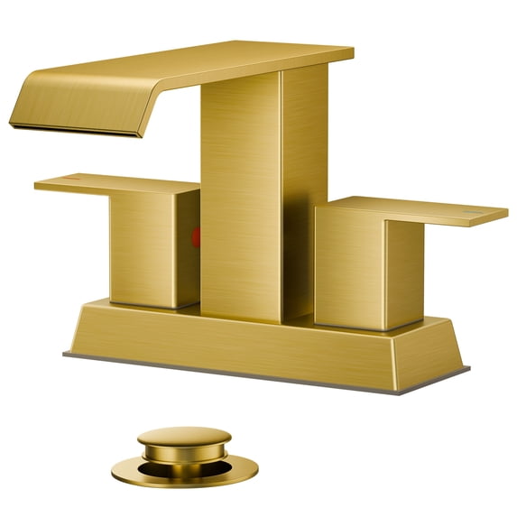 TVOFEK Waterfall Bathroom Faucet, 4 inch Brushed Gold Water Faucet for Sink 3 or 2 Hole with Metal Pop up Drain, Stainless Steel Faucet for Vanity RV
