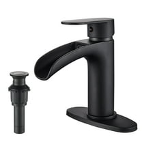 TVOFEK Black Bathroom Faucet 1 Hole, Waterfall Bathroom Sink Faucet with Single Handle, Metal Pop Up Drain and Deck Plate for Farmhouse Vanity RV