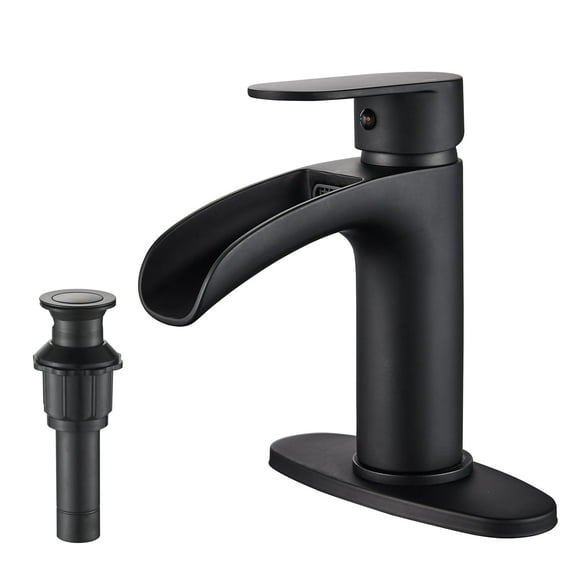 TVOFEK Black Bathroom Faucet 1 Hole, Waterfall Bathroom Sink Faucet with Single Handle, Metal Pop Up Drain and Deck Plate for Farmhouse Vanity RV
