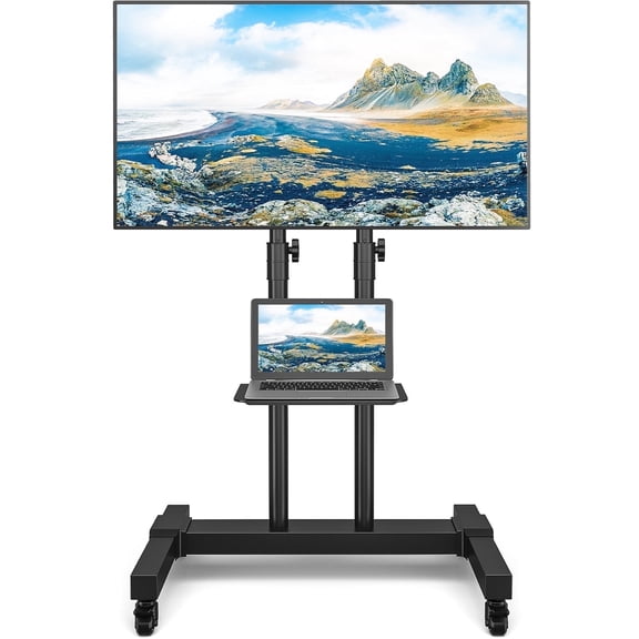 RTVR Rolling TV Cart Stand with Wheels for 32 to 85 inch Screens Mobile Portable TV Stand, Modern Black
