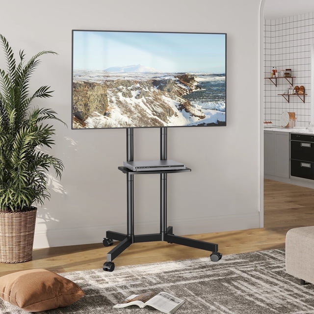 RTVR Modern Rolling TV Stand Cart with Wheels for TVs up to 75 inch, Black Swivel Mount Home Mobile Base