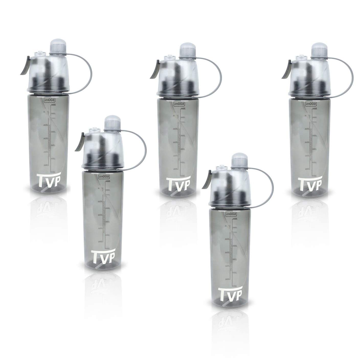 TVP Mist Spray and Sip, 2 in 1 Water Bottle for Sports & Outdoor Use, 20oz Black 5 Pack
