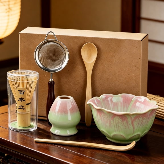 TVQUYET 6 Pcs Matcha Whisk Set,Ceramic Matcha Bowl with Spout Matcha Making Tea Kit Bamboo Matcha Chasen Tool, Spoon,Fine Mesh Sifter,Starter Matcha Maker for Beginners,Tea Ceremony Gifts