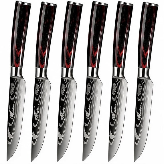 TVQUYET 6-Piece Steak Knives Set Wood Handle Non Serrated,4.5" Damascus Laser Stainless Steel Steak Cutting Knife for Kitchen and Restaurant Gift Men