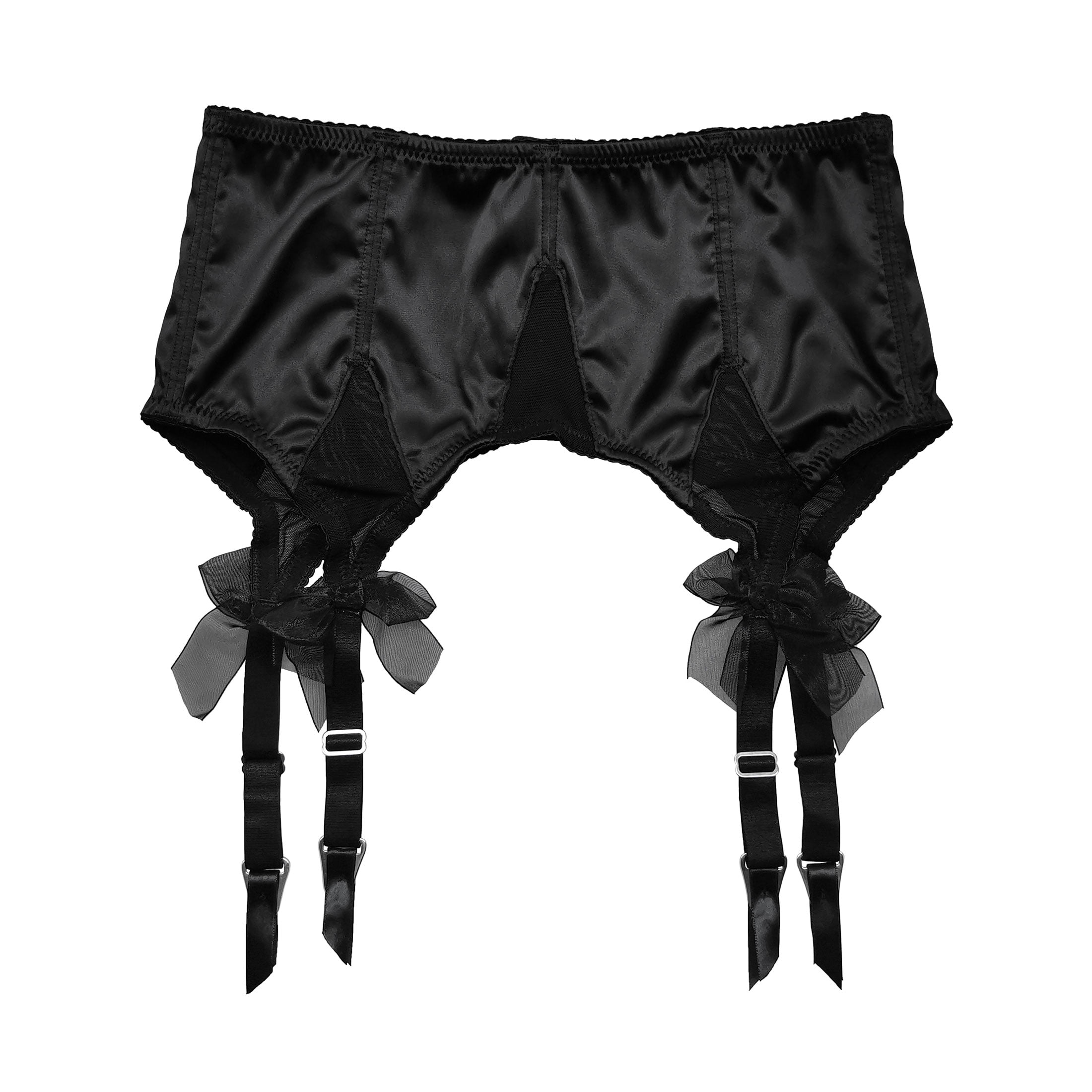 TVRtyle Women's Black Satin Sexy Wide Straps Metal Clips Garter Belts