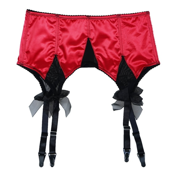 TVRtyle Women's Red Satin Sexy Wide Straps Big Bow Metal Clips Garter Belts for Stockings S511R