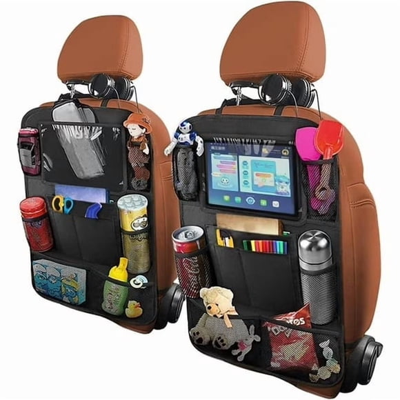 TVTUTPWY Backseat Car Organizer, Kick Mats Back Seat Protector with Touch Screen Tablet Holder, Back Seat Organizer for Kids, Travel Accessories with 9 Storage Pockets 2 Pack (Black)