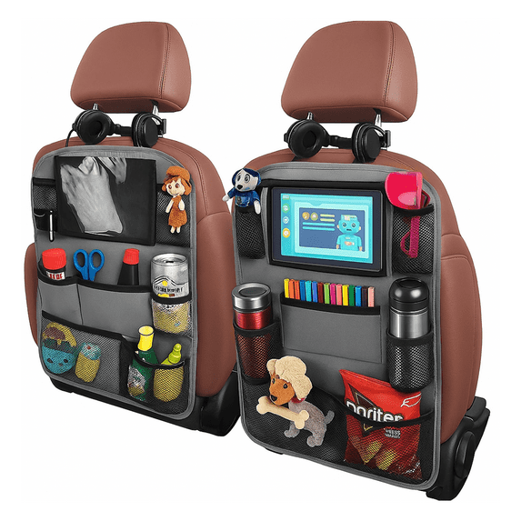 TVTUTPWY Backseat Car Organizer, Kick Mats Back Seat Protector with Touch Screen Tablet Holder, Back Seat Organizer for Kids, Travel Accessories with 9 Storage Pockets 2 Pack (Gray)