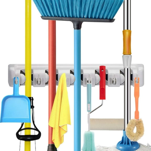 TVTUTPWY Mop and Broom Holder Wall Mount, Plastic Broom Hanger with 5 Position 6 Hooks, Tool Organizer Storage for Home, Garage, Garden, Laundry or Kitchen (Beige)
