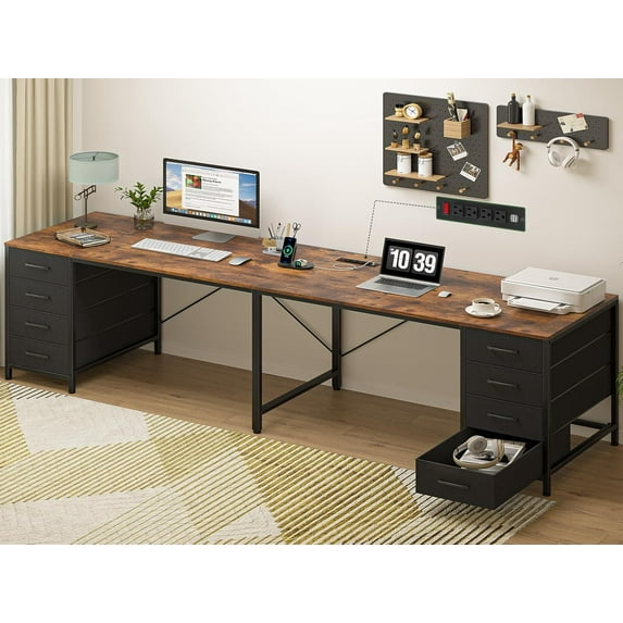 TVU 110" 2 Person Desk with 8 Drawers, Large Writing Home Office Desks with Outlets, I Shaped Workstation Double Desk Drawer Organizers (Rustic)