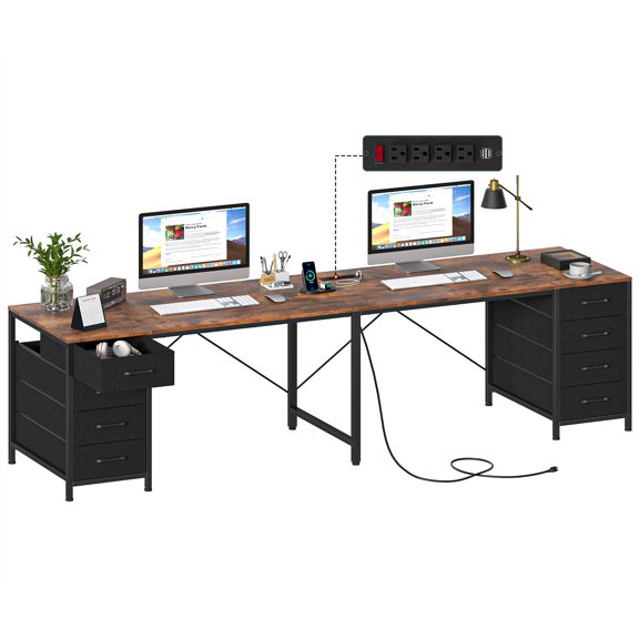 TVU 110" 2 Person Desk with 8 Drawers, Large Writing Home Office Desks with Outlets, I Shaped Workstation Double Desk Drawer Organizers (Rustic)