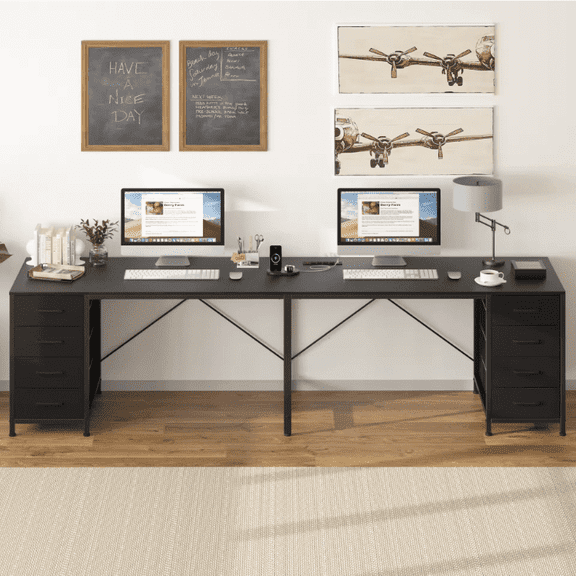 TVU 110" 2 Person Desk with 8 Drawers, Large Writing Home Office Desks with Outlets, I Shaped Workstation Double Desk Drawer Organizers
