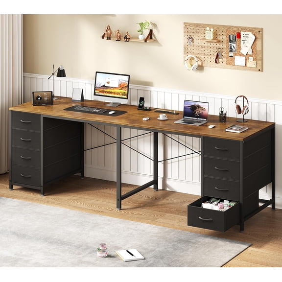 TVU 2 Person Desk with 8 Drawers, Large Home Office Computer Desk with Power Outlets, 78 Inch Long Double Desks for Two People, Rustic Brown