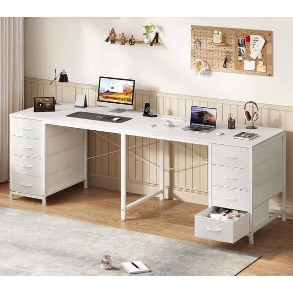 TVU 2 Person Desk with 8 Drawers, Large Home Office Computer Desk with Power Outlets, 78 Inch Long Double Desks for Two People, White