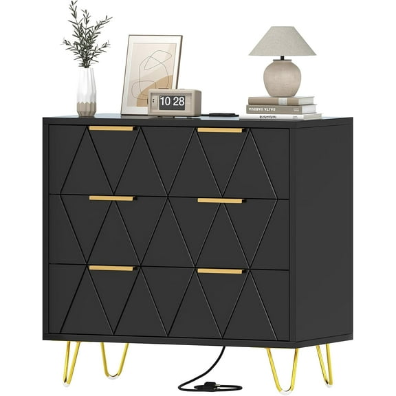 TVU 3 Drawer Wide Nightstand with Charging Station, 27.6 Inch Wood Nightstand, Black Dresser with Storage Drawers, Bedside Table with Metal Handle & Leg