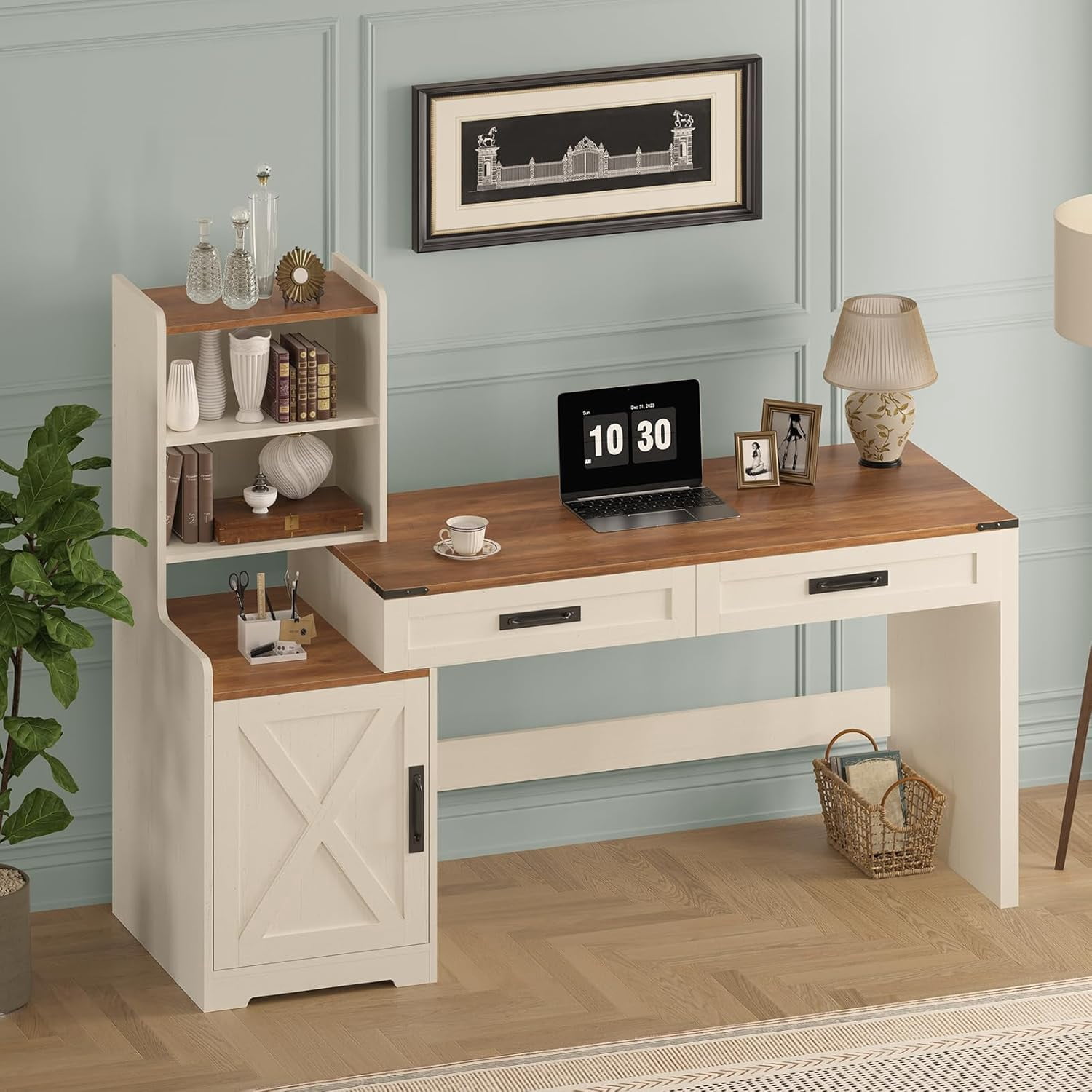 RedLemon 60" Farmhouse Desk With Hutch - Antique White, Storage Cabinet, Charging Station, Keyboard Tray