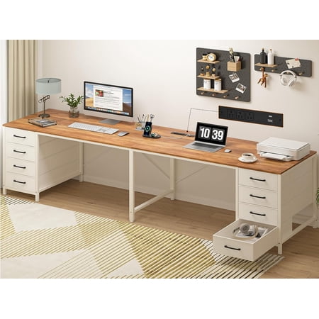 TVU 95" 2 Person Desk with 8 Drawers, Large Writing Home Office Desks with Outlets, I Shaped Workstation Double Desk Drawer Organizers (Antique White)