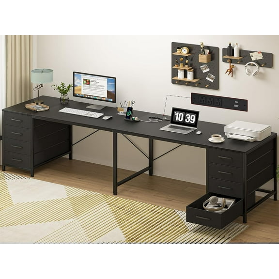 TVU 95" 2 Person Desk with 8 Drawers, Large Writing Home Office Desks with Outlets, I Shaped Workstation Double Desk Drawer Organizers