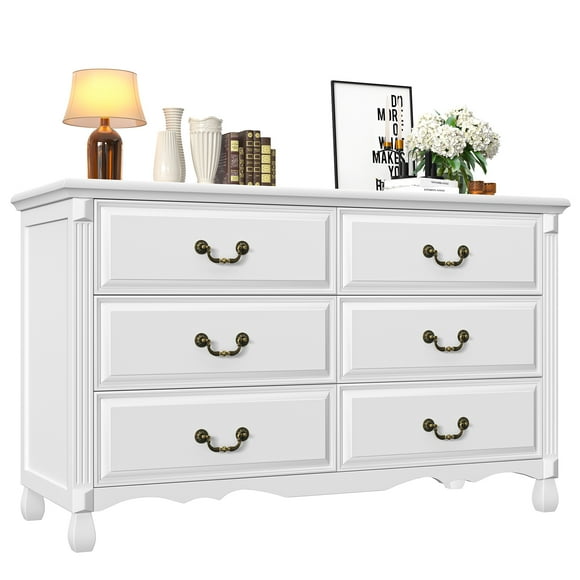 TVU Classic 6 Drawer Dresser for Bedroom, Solid White Dressers & Chest of Drawers with Wide Storage Cabinet (White)