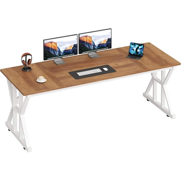TVU Computer Desk, 63 inch Large Office Desk, Study Writing Table with Thicken Frame, Gaming Desk, Modern Simple Desk for Home Office, Brown