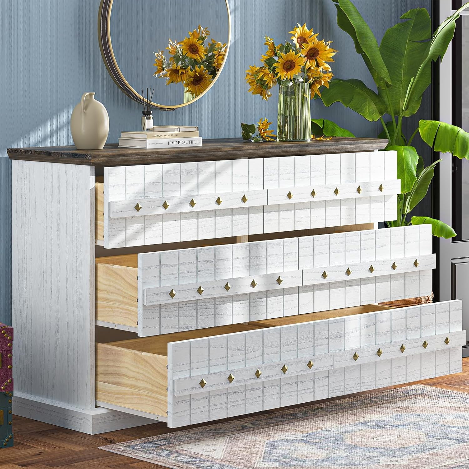 TVU Vintage 6 Drawer TV Stand for Bedroom, Solid Wood White TV Stands ...