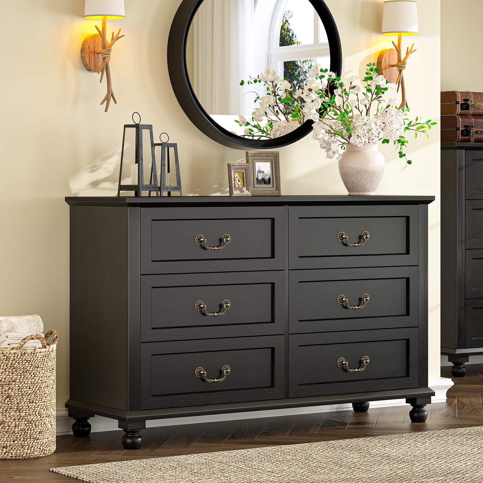 TVU Wood 6 Drawer Dresser for Bedroom, Vinatge Chest of Drawers with ...