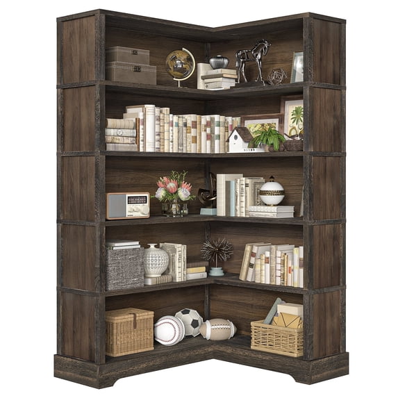 Gacfiew Wood Corner Bookcase, 5 Tier 65 Inch Tall Bookshelf with Storage, Floor Standing Display Book Shelf for Living Room, Kitchen, Home Office (Rustic Brown)