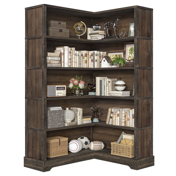 Gacfiew Wood Corner Bookcase, 5 Tier 65 Inch Tall Bookshelf with Storage, Floor Standing Display Book Shelf for Living Room, Kitchen, Home Office (Rustic Brown)