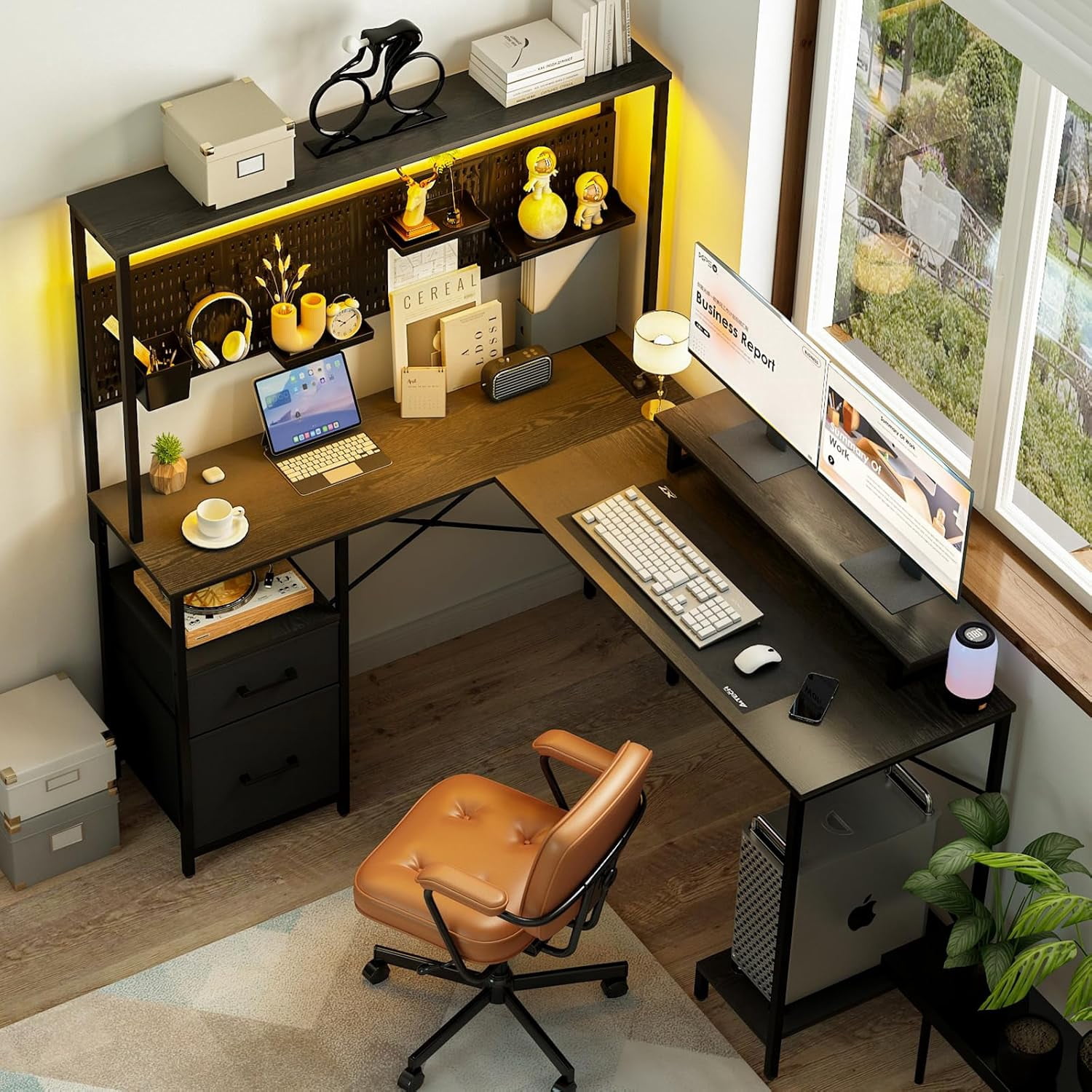TVUIYBNUON L Shaped Gaming with Pegboard Reversible Computer with LED ...
