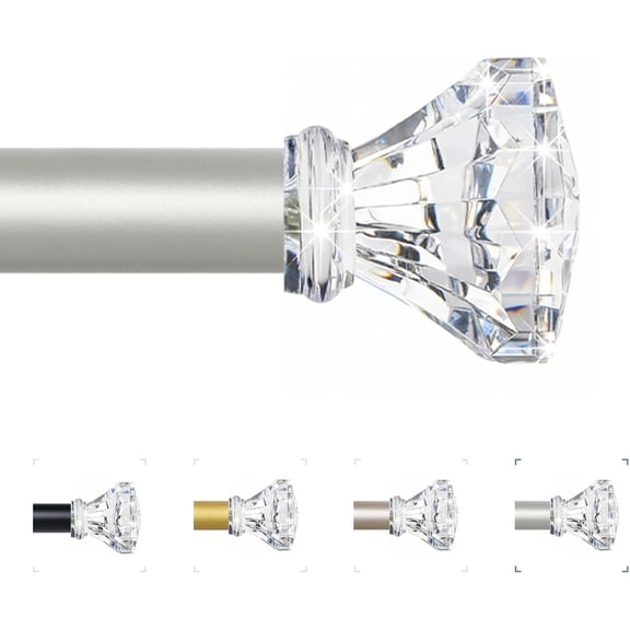TVWOO Silver Decorative Crystal Curtain Rods 18 to 45 Inch:Heavy Duty Adjustable Window Curtains for Living Room Bedroom,Nickel Modern Girly Acrylic Drapery Rod with Clear Bling Diamond Finials