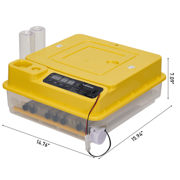 TW-24 US Standard Incubator, 110V 120W, Square shape, PP material, yellow lid, transparent body, LED egg candling function, fully automatic egg turning, Fahrenheit