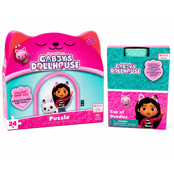 TW Design Activity & Puzzle Bundle Series  Gabbys Dollhouse Puzzle & Cup of Doodles Activity Set, 24 Piece Puzzle, Crayons, Stickers, Coloring Activities & Storage Cup