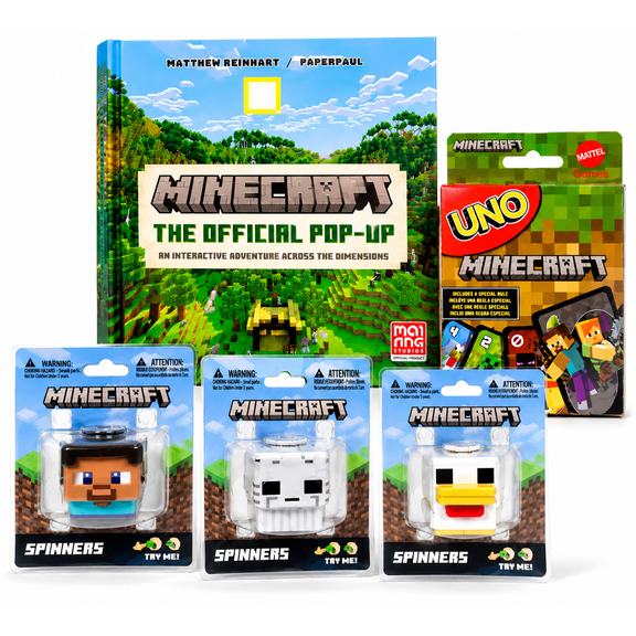 Minecraft 5-Piece Gift Set with Official Pop-Up Book, UNO Card Game & 3 Character Spinners, TW Design Activity Bundle