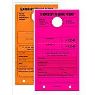 TW  Product Name:  TEMPORARY PARKING PERMIT - Mirror Hang Tags, Numbered with Tear-Off Stub, 7-3/4" x 4-1/4", Bright Fluorescent Orange and Pink, 50 Per Pack - Double-Pack (100 Tags)