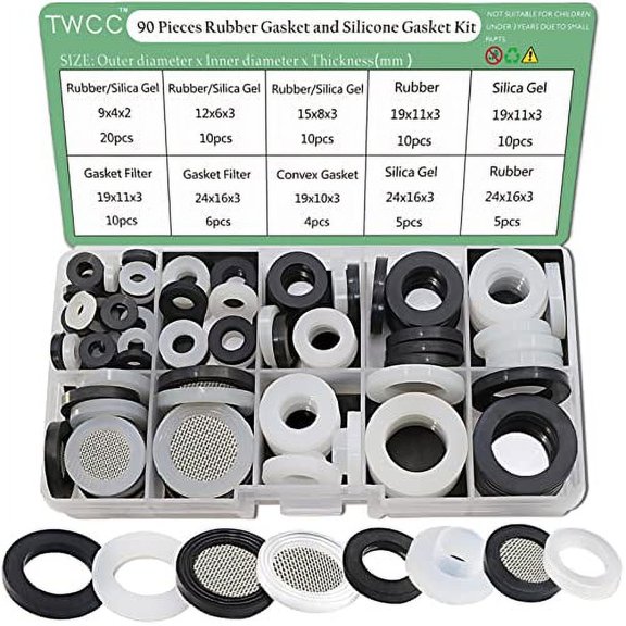 TWCC 90 PCS Flat Rubber Washer Silicone Gasket Kit for 3/4", 1/2", 3/8", 1/4", 1/8" Water Pipe Fittings Assorted Plumbing Hose Shower Head O Ring Garden Hose Sink Faucet Screen Filter Repair
