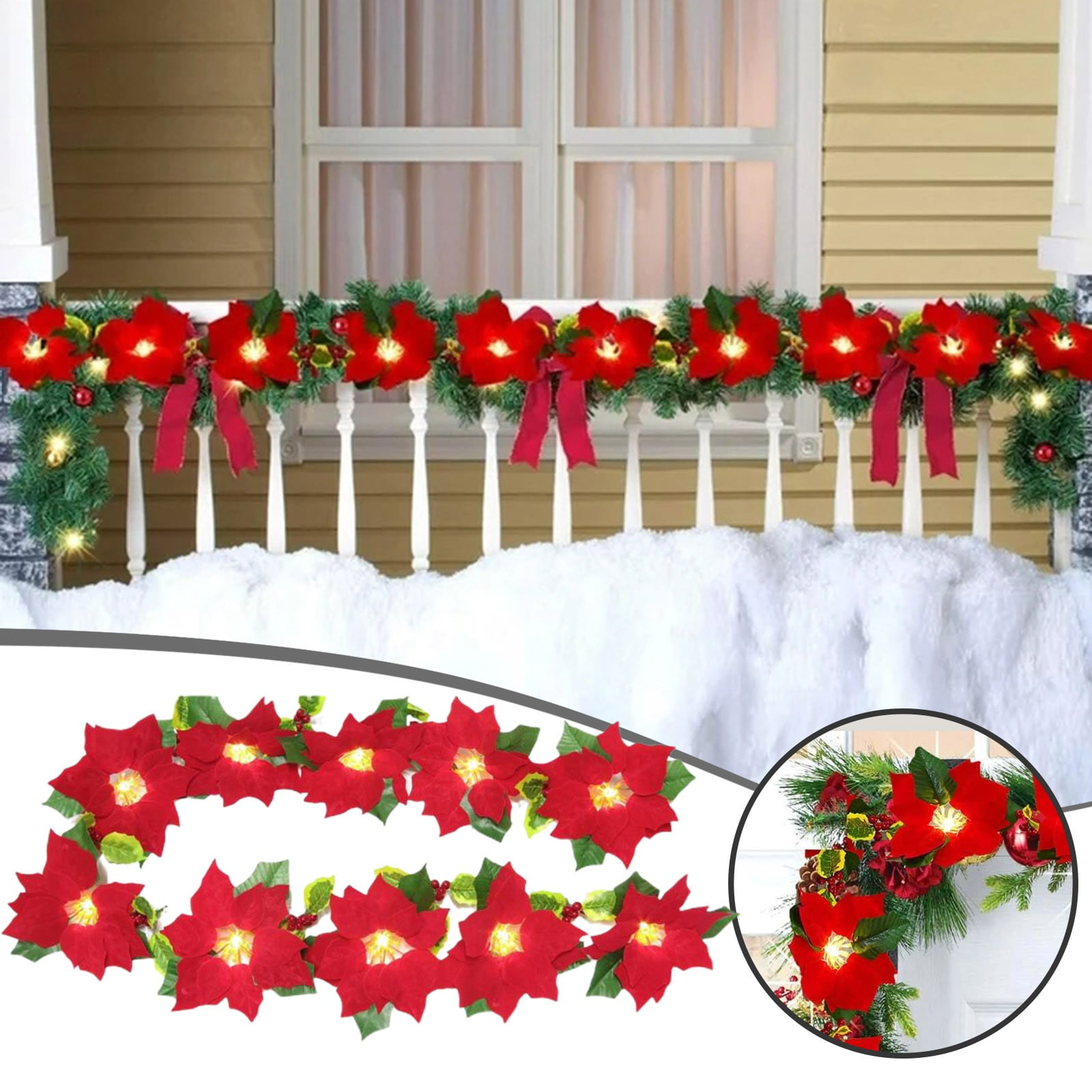 TWCTUWEN Velvet Clear Prelit LED Battery Operated Garland With Red