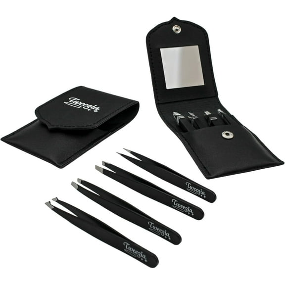 TWEEZIA Stainless Steel Tweezer Set, (4) Precision & Pointed Tips with Mirror & Leather Case, Ideal Eyebrow Kit, Ingrown Hair & First Aid Tweezers