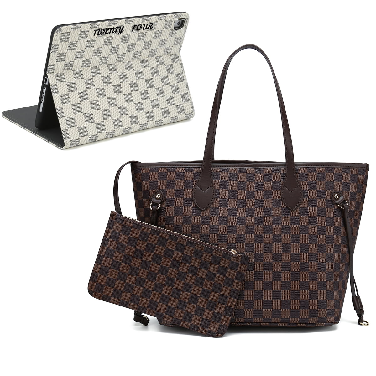 TWENTY FOUR 3PCS Set Womens Handbags Checkered Tote Shoulder Bag With Free  Gift iPad Air Case 