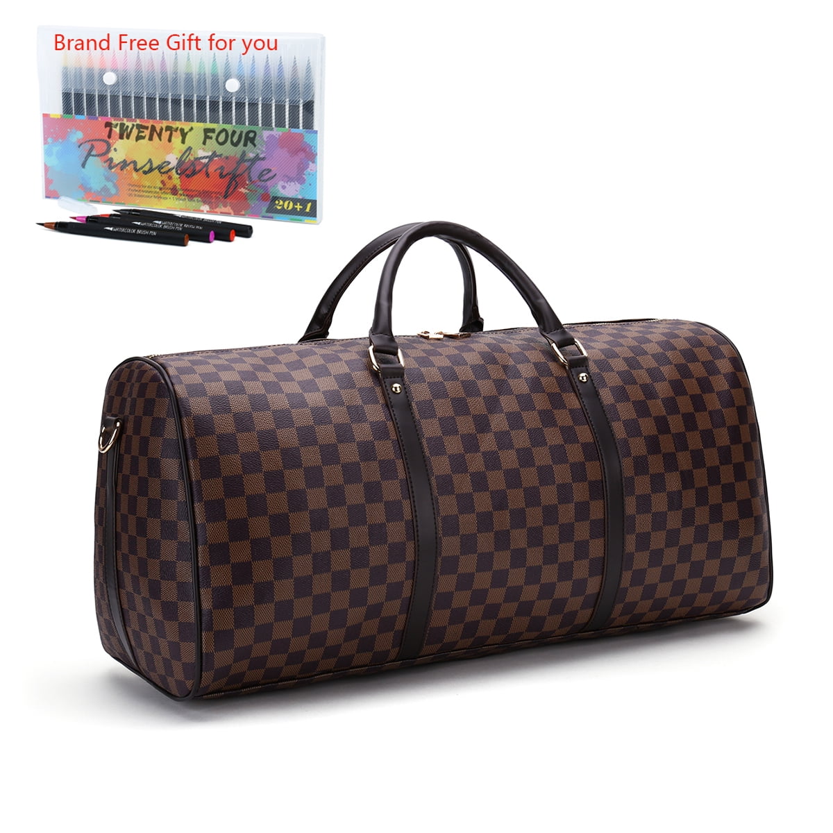 TWENTY FOUR 21 Checkered Bag Travel Duffel Bag Weekend Overnight Luggage  Shoulder Bag For Men Women -Brown Checkered 