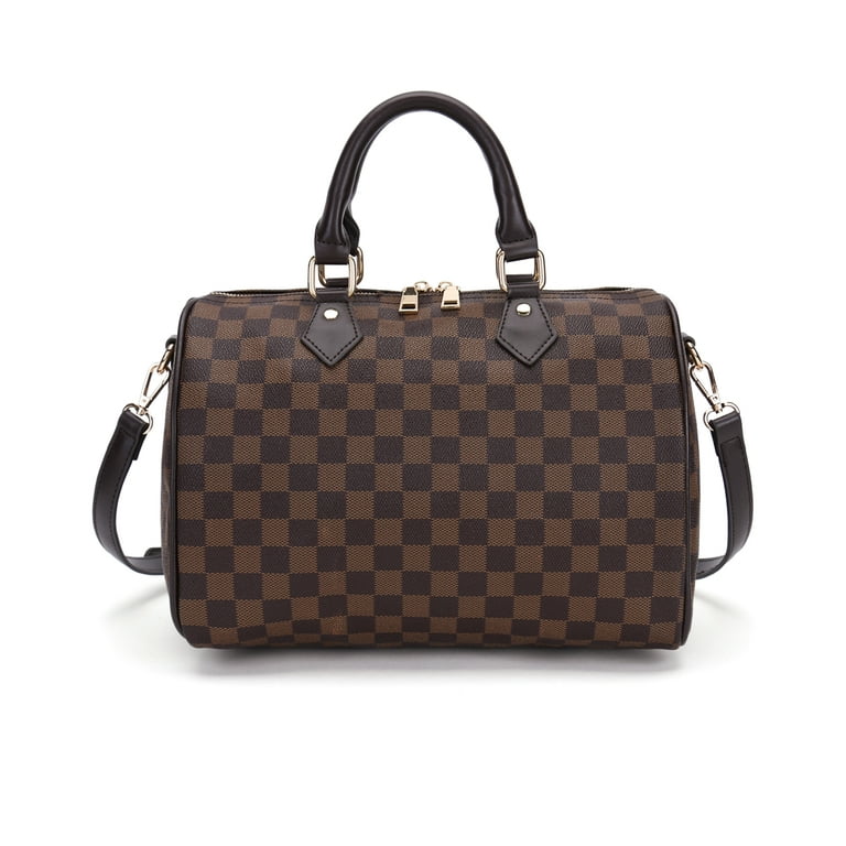 Twenty Four Checkered Tote Shoulder Bag with Inner Pouch - PU Vegan Leather Shoulder Handbags Fashion Ladies Purses Satchel Messenger Bags(Brown)