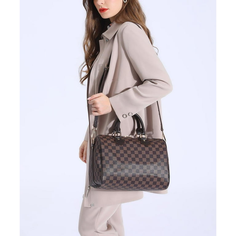 TWENTY FOUR Womens Checkered Tote Shoulder Bag with inner pouch - PU Vegan  Leather Shoulder Satchel Fashion Bags -Cream checkered
